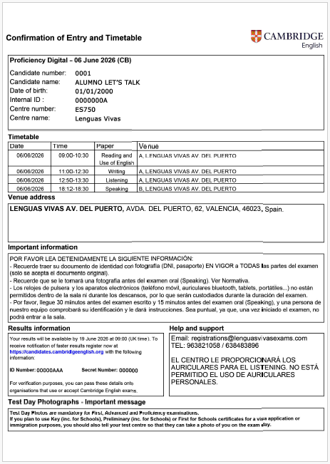 Ejemplo de Confirmation of Entry (COE) de Cambridge